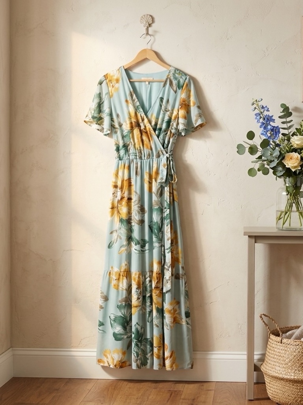 Floral Wrap Maxi Dress in Light Blue and Yellow
